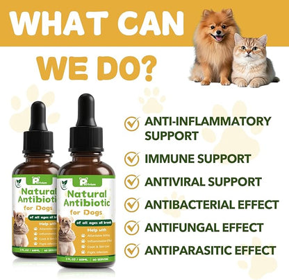 Dogs Antibiotics for Infection Coughs, UTIs, Allergies, Itching - Natural Antibiotics Supplement Drops for Cats to Support Digestion and Urination | Skin & Coat | All Breeds & Ages | 2 Oz