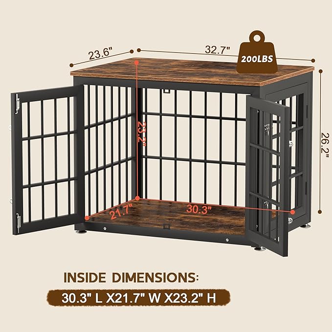 rehomerance 32 Inch Heavy Duty Dog Crate Furniture for Medium and Small Dogs, Decorative Pet House End Table, Wooden Cage Kennel Furniture Indoor, Rustic Brown
