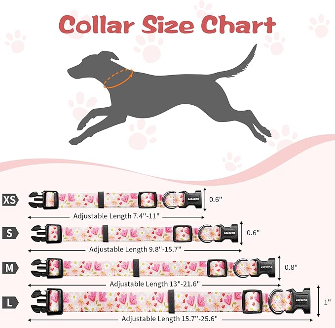 Kazazoo Dog Collar Cute and Soft Nylon Puppy Collar Girl, Adjustable Dog Collars for Medium Large Dogs, Pink Flowers-L