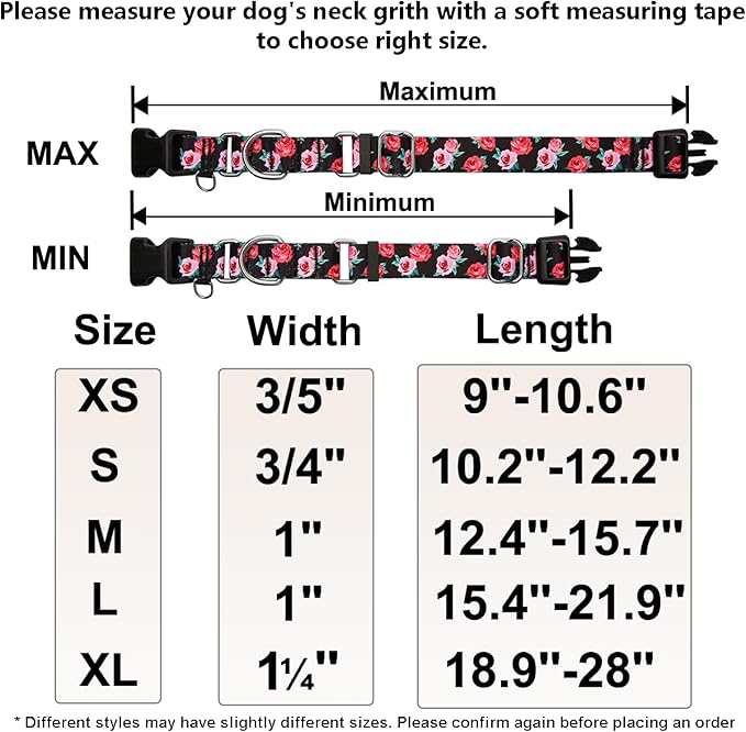Martingale Collar for Dogs Pink Floral Dog Collars for Medium Dogs with Buckle Girl Female Soft Nylon Dog Collar (Black Pink Rose, M)