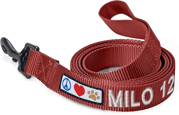 Pawtitas Personalized 6 ft Marsala Dog Leash M/L Custom Name and Phone Embroidery Strong Nylon Leash for Medium and Large Breeds