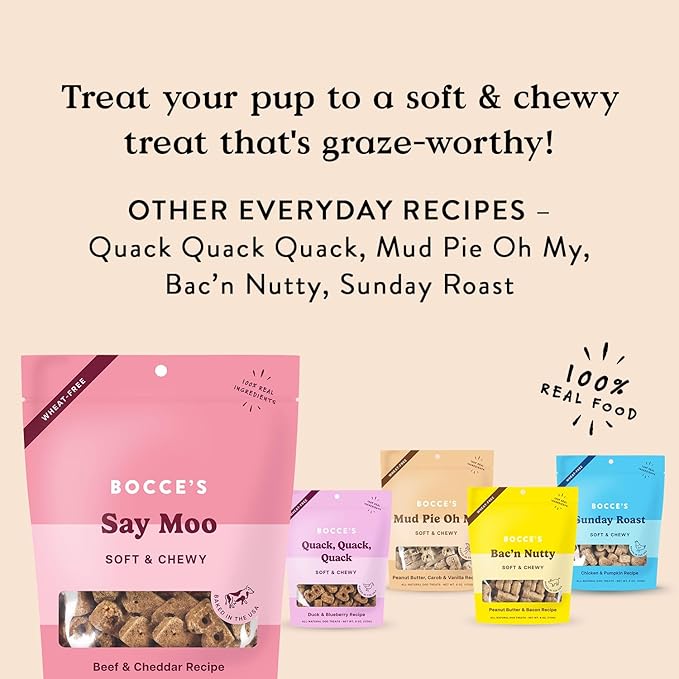 Bocce's Bakery Oven Baked Say Moo Treats for Dogs, Wheat-Free Everyday Dog Treats, Made with Real Ingredients, Baked in The USA, Natural Soft & Chewy Cookies, Beef & Cheddar Recipe, 6 oz