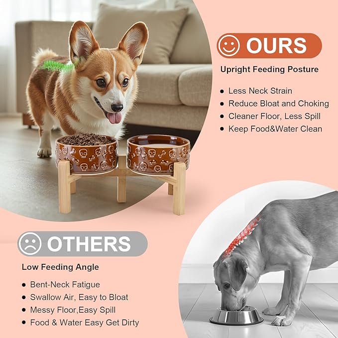 SPUNKYJUNKY Elevated Dog Bowls Ceramic, 6.1'' Dogs and Cat Food Water Bowls Raised with Non-Slip Bamboo Stand for Medium Sized Breed Microwave Dishwasher Safe - 28.7 OZ,Skull Bronze