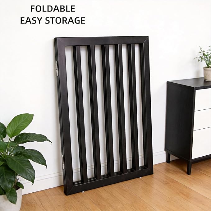ZJSF Freestanding Indoor Dog Gate for House Foldable Wood Puppy Gate for Doorways Pet Gate for Stairs Extra Wide Pet Fence, Black, 24" Height 6 Panels