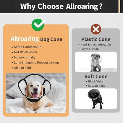 Allroaring Dog Cone Collar After Surgery, Soft Dog Cones for Large Dogs, Breathable Pet Elizabethan Collar Dogs Recovery Cone to Stop Licking Protective Wound Lightweight E-Collar, Black XL