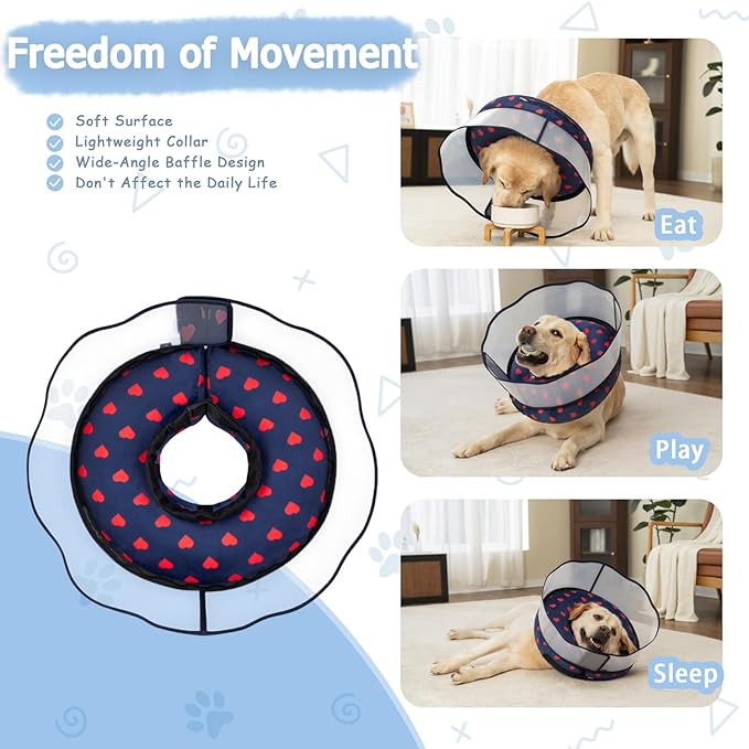 Inflatable Dog Cone Collar with Enhanced Anti-Licking Shield – Soft Adjustable Recovery Collar for Dogs & Cats After Surgery – Fits Large, Medium, Small Pets (Blue Love, Large)