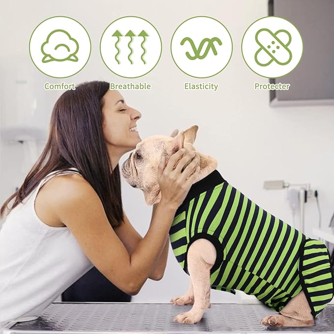 Dog Recovery Suit, 2 Packs, Breathable Cotton, Abdominal Wounds Protection, Anti-Licking Onesies for Male Female Pets, Surgery Bandages, Size S, Blue & Green Stripes
