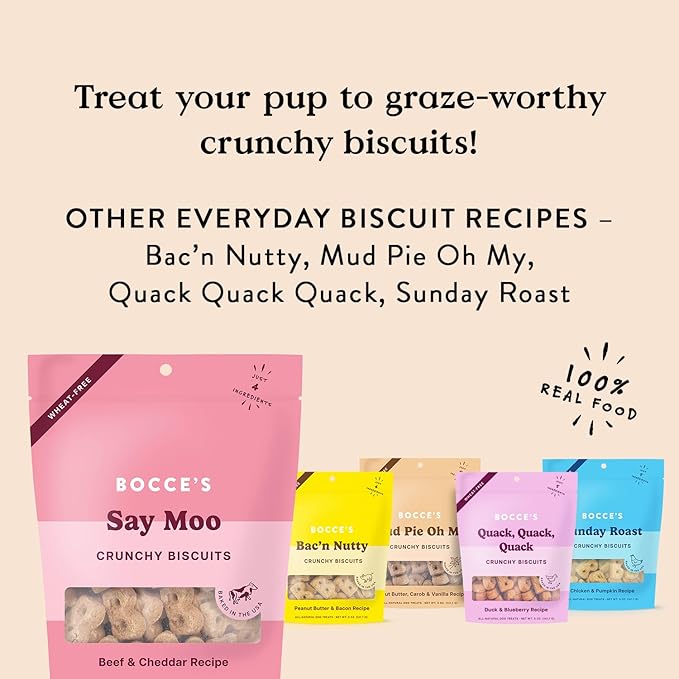 Bocce's Bakery Oven Baked Say Moo Treats for Dogs, Everyday Wheat-Free Dog Treats, Made with Real Ingredients, Baked in The USA, All-Natural Beef & Cheddar Biscuits, 5 oz