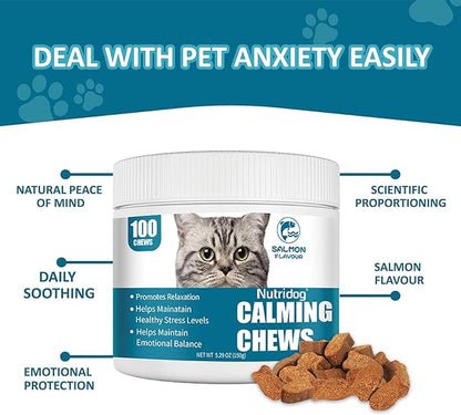 Cat Calming Treats - 100 Count Salmon Chews with Organic Chamomile & Ginger, Stress Relief Supplement for Separation Anxiety, Vet Visits & Thunderstorms (Salmon)