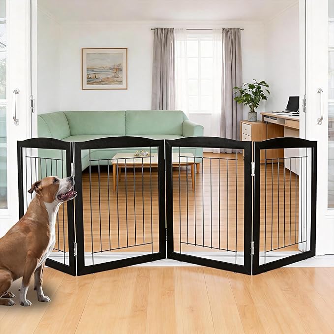 ZJSF Freestanding Foldable Dog Gate for House Extra Wide Wooden Black Indoor Puppy Gate Stairs Dog Gates Doorways Tall Pet Gate 4 Panels Fence