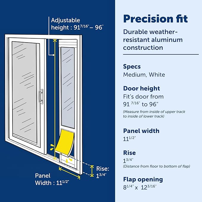 PetSafe Sliding Glass Pet Door - No-Cut DIY Install Doggy Door for Renters - Aluminum Frame - Adjustable Height 91 7/16" to 96" - Ideal for Medium Dogs Up to 40 lb - White