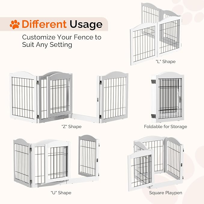 Bonnlo Freestanding Dog Gate, 24" H Pet Gate with 4 Panel Walk Through Door, Foldable Dog Safety Fence for Stairs Doorways Fireplace Up to 146'' Wide (White, 24" H-4 Panels with Door)