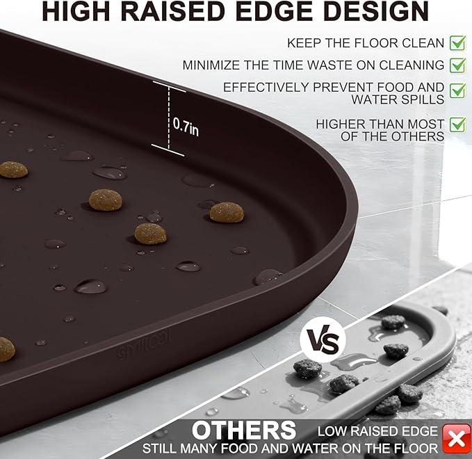 SMILOOL Small Silicone Pet Food Mat with Raised Edge for Food and Water Bowl, Square Dog Feeding Mats, Cat Food Trays for Floor Waterproof, Rubber Tray for Dogs and Cats, 12 x 12 x 0.7 Dark Brown