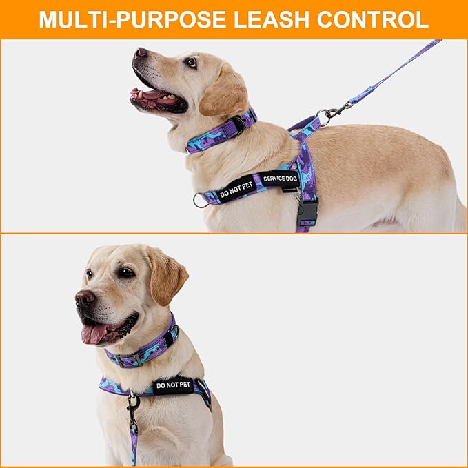 Annchwool No Pull Dog Harness,Heavy Duty Collar & Leash Set-Leash with Double Handle & Car Seatbelt Clip-Easy Control for Walking Training Medium Large Size Dogs(Camo Purple,XL)