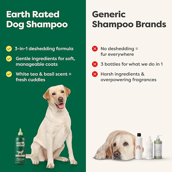 Earth Rated Deshedding Dog Shampoo, Hypoallergenic 3-in-1, Shampoo & Conditioner for Dogs & Puppies, Deodorizing, 98.5% Natural Origin Ingredients, 16 oz