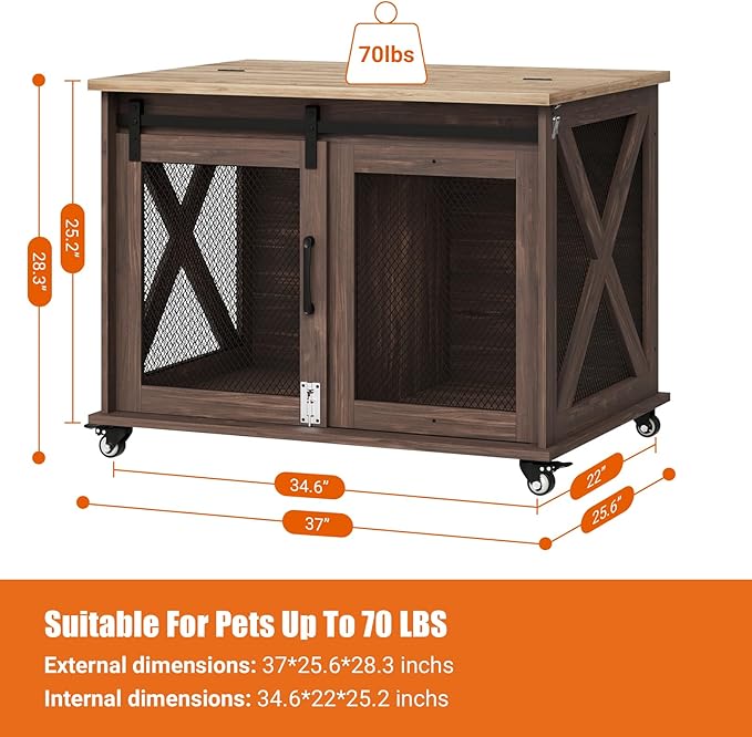 TROPOW Dog Crate Furniture,37 Inch Dog Kennel Furniture, Sliding Barn Door, Flip Top Dog Crate End Table with Removable Divider, Farmhouse Dog Cage for Small to Middle Size Dogs