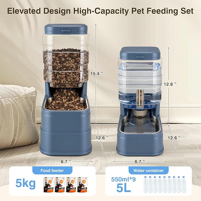 2 Pack Automatic Cat Feeder and Water Dispenser 1.3Gallon Dog Gravity Food Feeder and Water with Ice Pack Stainless Steel Dry Food and Waterer Bowl for Small Medium Large Pets (Blue)