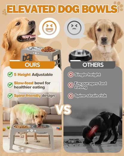 Jovrun Elevated Dog Bowls for Medium Large Size Dogs, Non-Slip Dog Feeder with 1*Stainless Steel Dishes & 1*Slow Feeder Bowl, 5 Heights Adjustable Raised Bowls to 3.15″-8.66″-9.84″-11.02″-12.2″