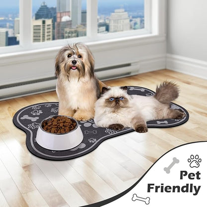 Dog Cat Food Mat,Rapid Absorbent Pet Feeding Mat, Bone Shaped Dog Placemat Water Bowl Mat with Rubber Backing,No Stains Dog Cat Food Mats Indoor, Pet Accessories Supplies 16"×24" Dark Grey