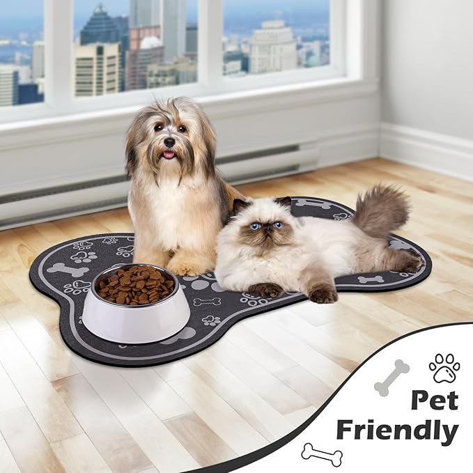 Voanos Dog Cat Food Mat,Rapid AbsorbentPet Feeding Mat, Bone Shaped Dog Placemat Water Bowl Mat with Rubber Backing,No Stains Dog Cat Food Mats Indoor, Pet Accessories Supplies 17""×29"" Dark Grey