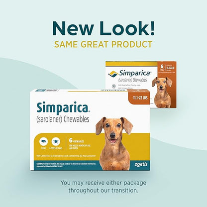 Simparica (sarolaner) Chewables for Dogs, 20 mg/tab, 11.1-22 lbs (Caramel), 6 Tablets