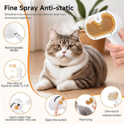 Pet Steam Brush for Dog & Cat – 3-in-1 Spray Hair Removal Comb – Steam for Shedding & Grooming – Water Brush for Long & Short Haired Pets – Spritz Defur Comb – Includes 2*Waterless Shampoo