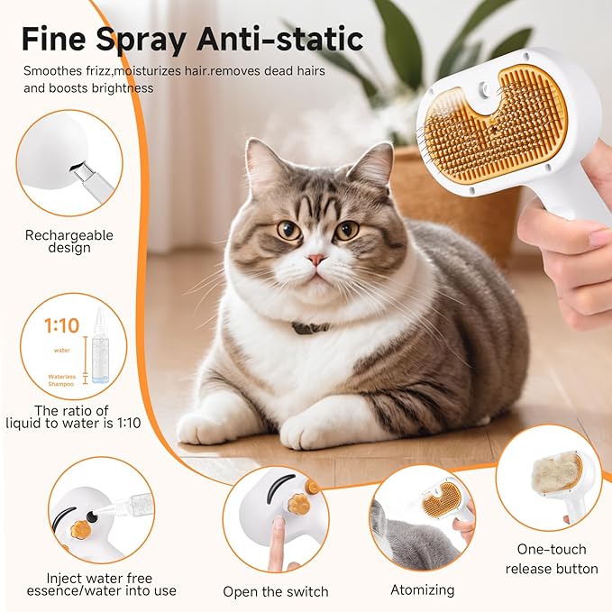 Pet Steam Brush for Dog & Cat – 3-in-1 Spray Hair Removal Comb – Steam for Shedding & Grooming – Water Brush for Long & Short Haired Pets – Spritz Defur Comb