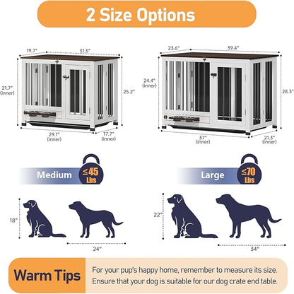31.5" Dog Crate Furniture - Indoor Wooden Kennel with 360° Rotating Feeder | Multi-Functional End Table for Small & Medium Dogs | Portable Pet Cage with Removable Tray & Easy Assembly