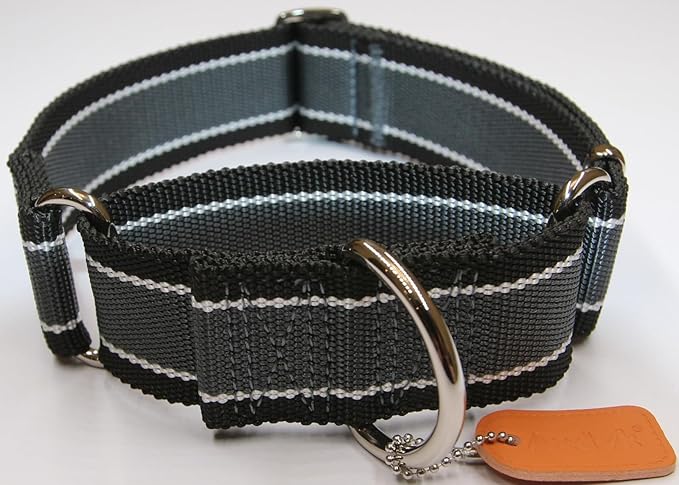 Martingale Collar 1.5 Inch Wide 1600D Extra Strong Anti Escape Nylon Dog Collar, No Pull Heavy Duty Pet Collars with 3-Color Stripe for Large to XLarge Dogs(XL, Gray Blue & Black)