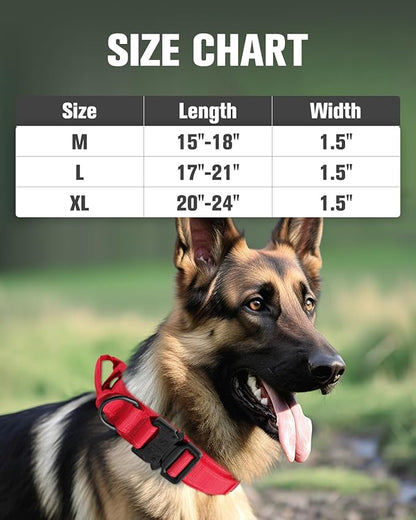 Joytale Tactical Dog Collar with Handle and Metal Buckle, Heavy Duty Padded Military Collar with 2 Patches for Training, Adjustable for Medium Dogs, Red, M