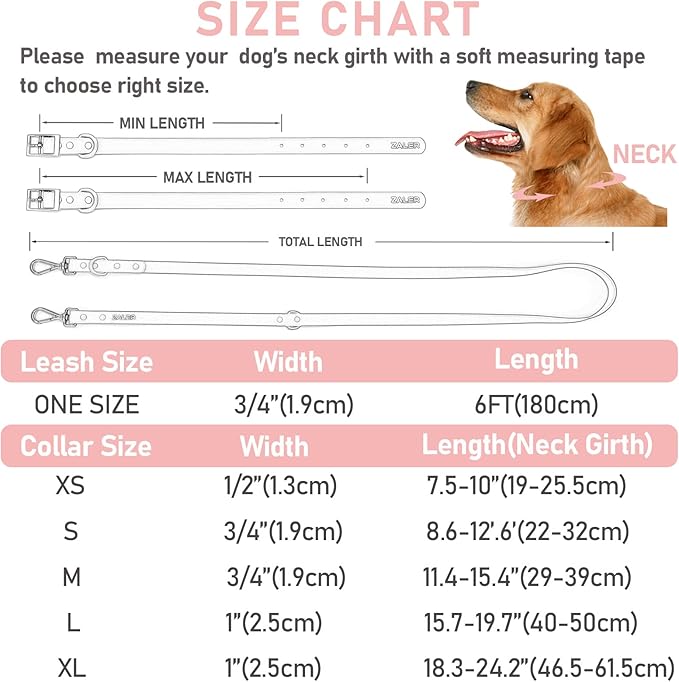 ZALER Dog Collar and Leash Set, Waterproof Adjustable Odor Proof Pet Collars Leashes Easy to Clean, 6FT Dog Leash with 2 Hooks for Large, Medium Small Dogs (S, Pink)