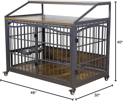 48 Inch Dog Crate Furniture, XXL Kennel Cage Rustic Wooden Pet House End Table Dog Home for Large Dogs with 2 Stainless Steel Bowls Indoor Use 48" L x 30" W x 40" H