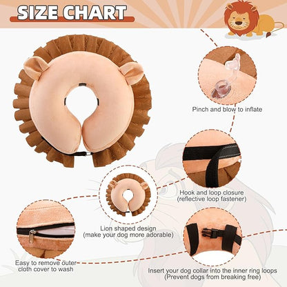 KOOLTAIL Inflatable Dog Cone Collar, Soft Donut E Collar for Dogs After Surgery to Stop Licking Enhanced Alternative, Blow Up Pet Neck Pillow Recovery Adjustable Cone for Dog Cat, Lion XL