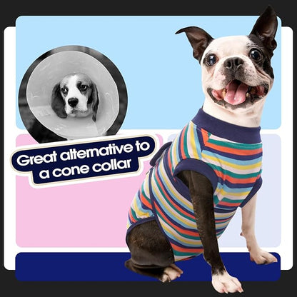 FUAMEY Recovery Suit for Dogs After Surgery,Soft Breathable Dog Bodysuit E-Collar & Cone Alternative Surgical Suit,Male Female Dog Neuter Spay Suits Anti Licking Wounds Onesie Dark Blue Stripes XS