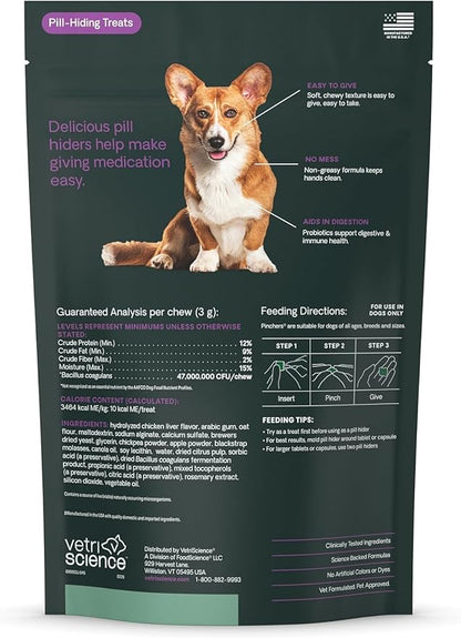 VetriScience Pinchers Pill Hiders Chews, Non-Greasy with Probiotics for Dogs, Disguise Small Capsules and Tablets, Soft and Chewy, Gut and Immune Support, Chicken, 45 Count