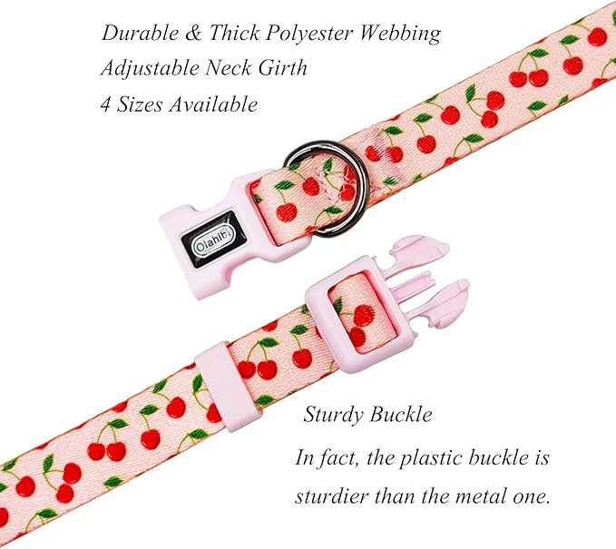 Dog Collar and Leash Set, Cute Cherry Pattern, Polyester Material, 5ft Leash, for Medium Dogs.(Medium,Pink Cherry)