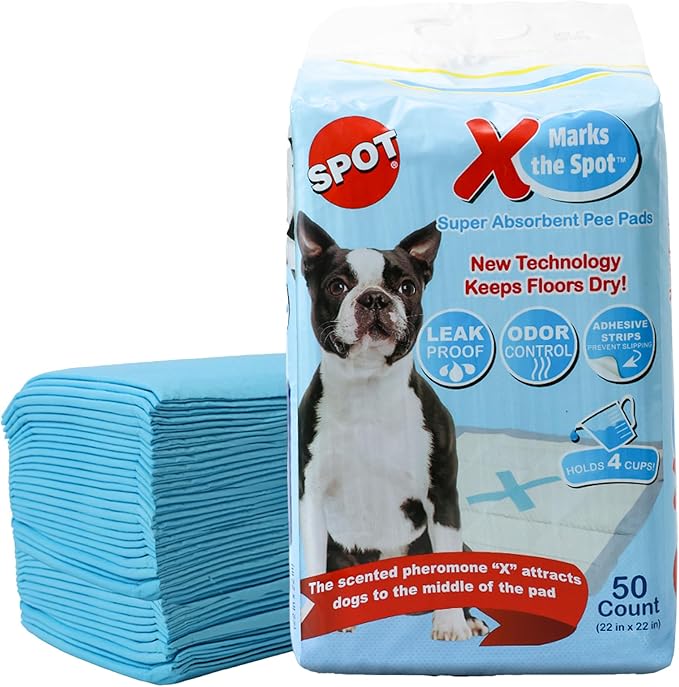 SPOT X Marks The Spot Puppy Training Pads – Extra Absorbent, Adhesive Strips, Pheromone-Enhanced Attractant for Potty Training, 22" x 22", 30-Pack