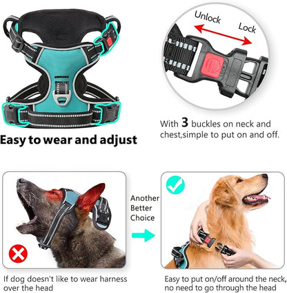 Timos No Pull Dog Harness,NO Need Go Over Dogs Head 3 Snap Buckles Reflective Oxford No Choke Puppy Harness with Front & Back 2 Metal Leash Clips Soft Padded Vest Harnesses for Small Medium Large Dogs