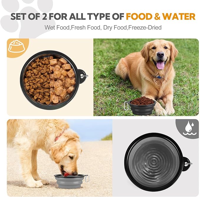 Collapsible Dog Bowl Large 2 Pack, Dog Water Bowls for Travels, Portable Foldable Pet Bowls Feeding Watering Dish for Parking Walking Camping with 2 Carabiners Clip (34oz, Large,Black+Grey)