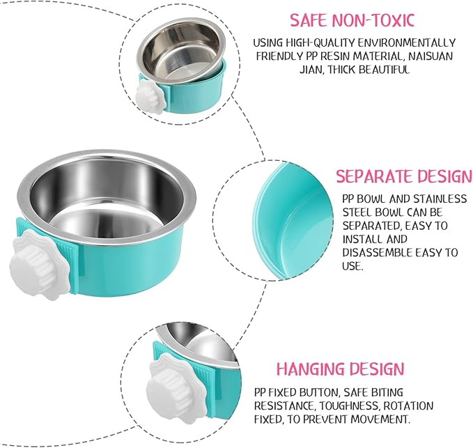 12 Pieces Crate Dog Food Bowls, Removable Stainless Steel Hanging Puppy Kennel Water Bowl Pet Cage Water Feeder Coop Cup for Rabbit, Ferret, Cat, Birds, Rats, Guinea Pigs