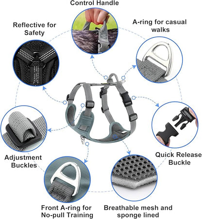Plutus Pet No Pull Dog Harness, Reflective Adjustable Dog Vest Harness with Handle, Escape Proof, Soft Padded for Small Medium Large Dogs (Gray, S)