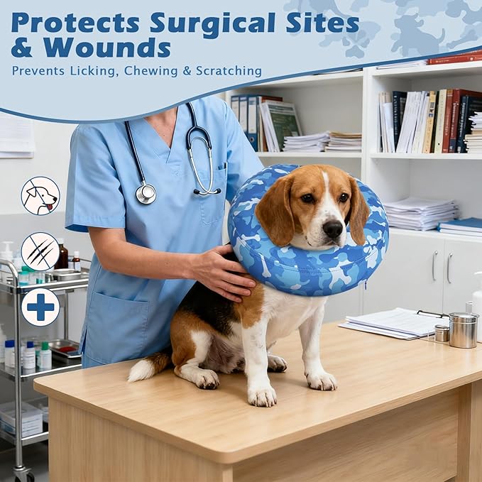 IEUUMLER Inflatable Recovery Dog Cone Collar, Neck Donut Protective ECollar, Adjustable Soft Collar for Dog and Cat After Surgery Prevent from Biting & Licking EU020 Blue Camo XL