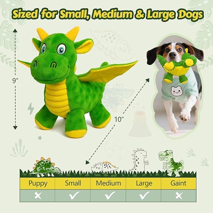 Squeaky Dog Toys - Soft Plush Dragon Dog Toy with 5 Squeakers & Crinkle Paper, Dog Toys for Small, Medium and Large Dogs to Keep Them Busy (Green,10")