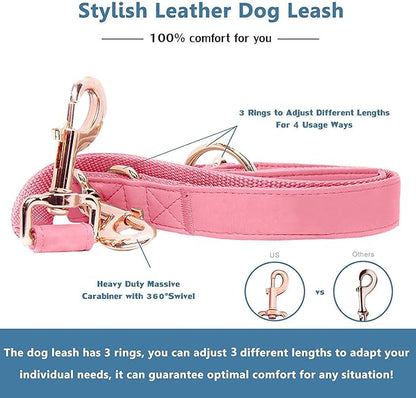 Soft Leather Dog Collar and Leash (6.6') Set - Stylish Rose Gold Heavy Duty Metal Buckle, 4 Adjustable Lengths Leash for Small Medium Large Dogs - Comfortable & Easy to Clean Dark Pink M(13.8"-19.7")