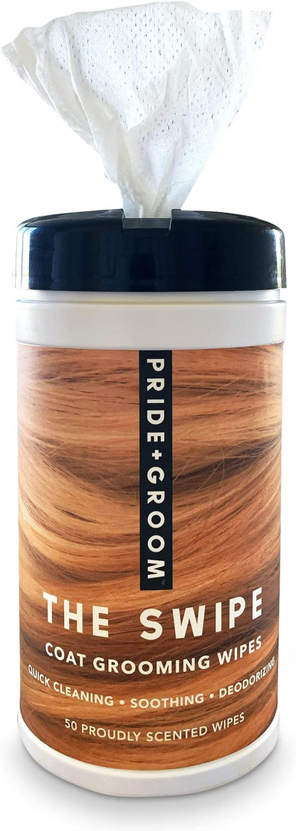 Pride and Groom The Swipe – Soothing Coat Grooming Dog and Pet Wipes with Signature Scent for Quick Cleaning & Deodorizing Face, Paw, Fur in Between Baths and After Dinner & Playtime – 50 Wipes