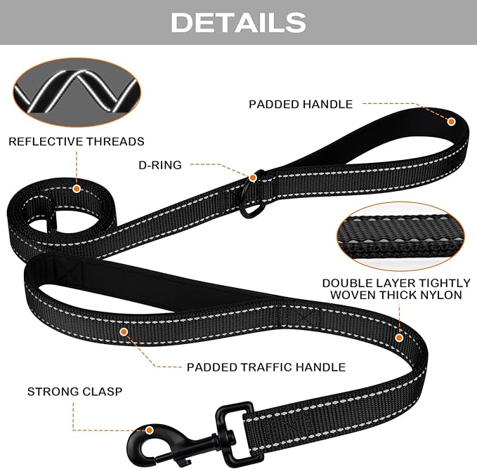 Joytale Dog Leash Heavy Duty for Large Dogs that Pull, Double Handle for Traffic Control, Double-Sided Reflective Leashes for Large Medium Dogs Night Safety, 4FT, Black