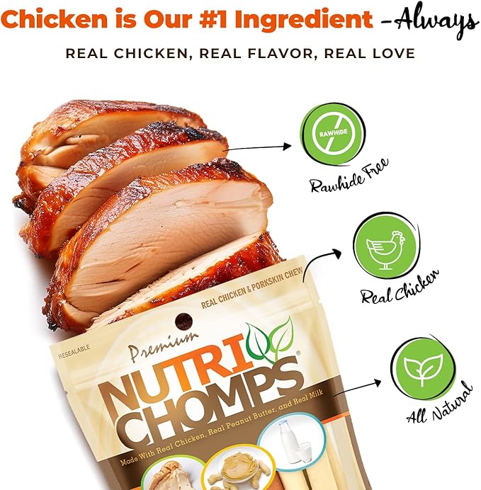 Nutri Chomps Dog Chews, 5-inch Twists, Easy to Digest, Rawhide-Free Dog Treats, 15 Count, Real Chicken, Peanut Butter and Milk flavors