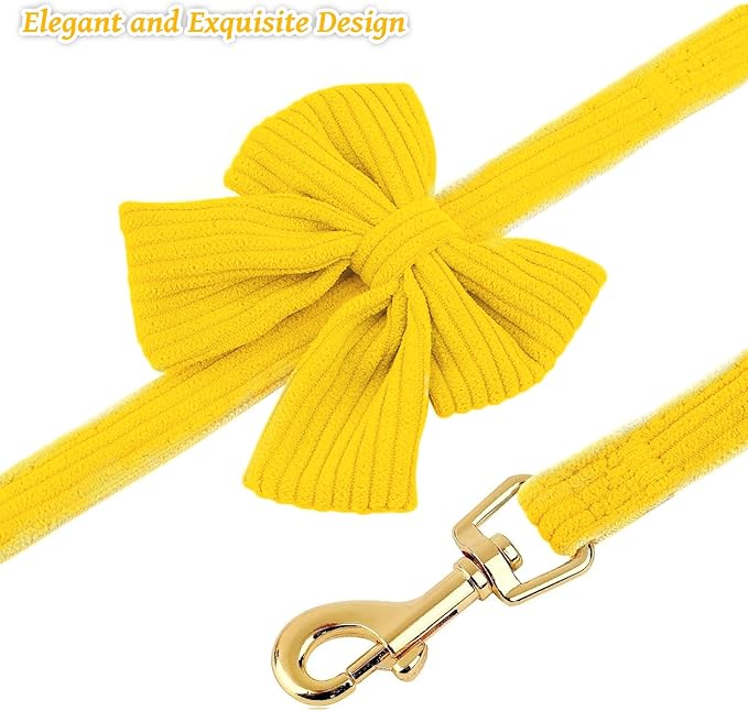 Dog Collar and Leash Set with Bowtie, Girl Dog Collars Metal Buckle Adjustable for Small Medium Dogs (Yellow, M: Neck 13"-22" Leash 5 FT)
