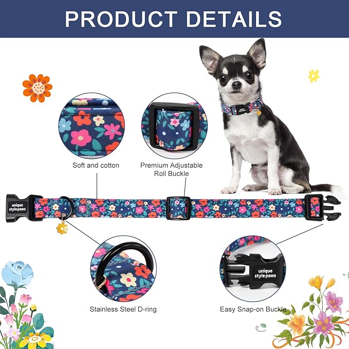 Unique style paws Dog Collar Plastic Buckle with Pendant Puppy Collar for Spring Summer Blue-Colored Flower for Small Medium Large Boys Girls Dogs