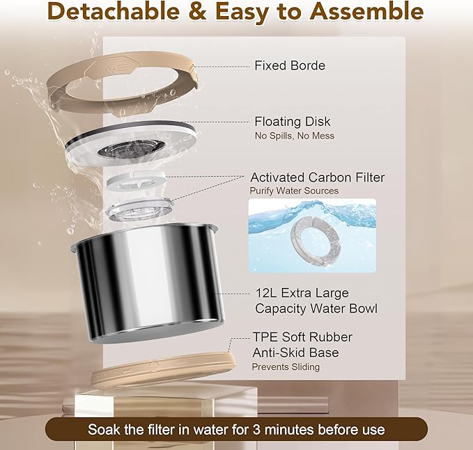UPSKY Dog Water Bowl No Spill 12L Stainless Steel, 3.17 Gallon Large Capacity Spill-Proof Dog Bowls, Non-Slip Slow Drinking Anti-Splash Bowl for Large Messy Drinkers, No Mess Indoor/Outdoor Use, Beige
